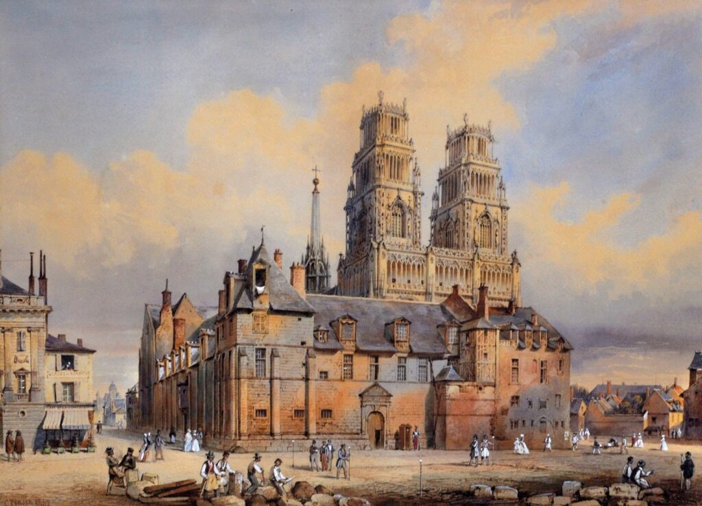 Vue d’ensemble de l’ancien hôtel-Dieu d’Orléans d’après une aquarelle de Charles Pensée (1842). - Agrandir l'image, fenêtre modale