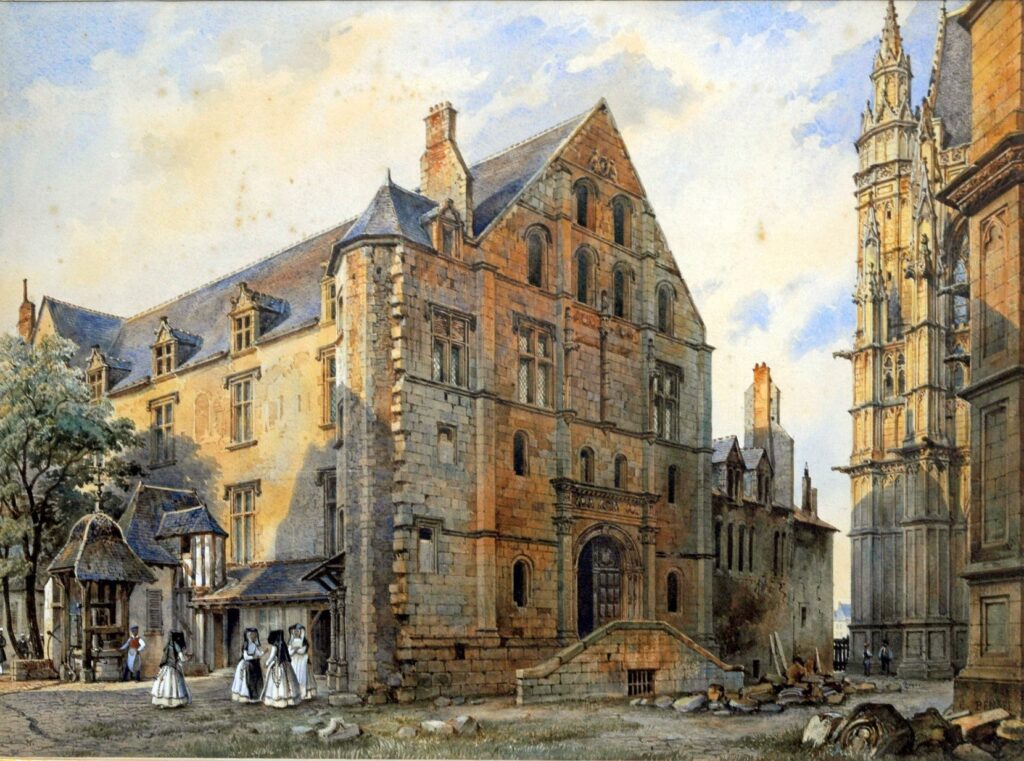 Façade méridionale de l’ancien hôtel-Dieu d’Orléans d’après une aquarelle de Charles Pensée (1842). - Agrandir l'image, fenêtre modale