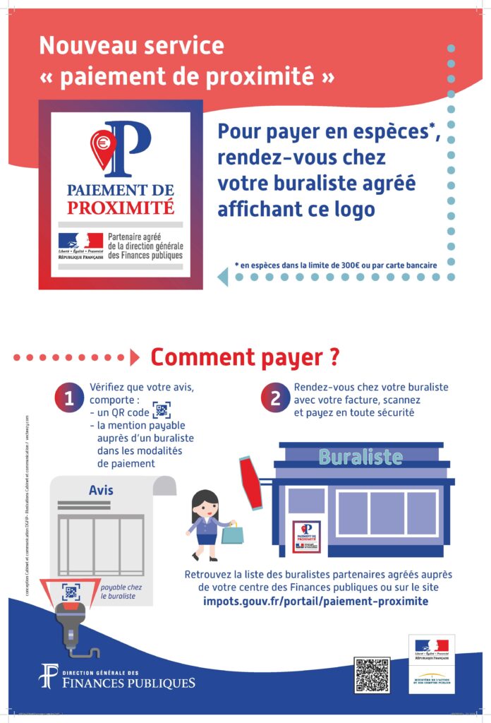 Affiche expliquant comment payer sa facture en bureau de tabac grâce au service "paiement de proximité" - Agrandir l'image, fenêtre modale